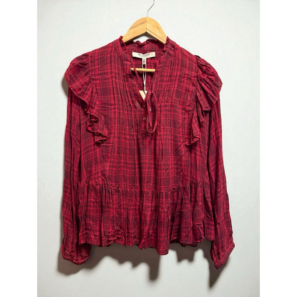 Free Generation Blouse Bohemian Boho Ruffled Crimson Burgundy Small NWT Flawed